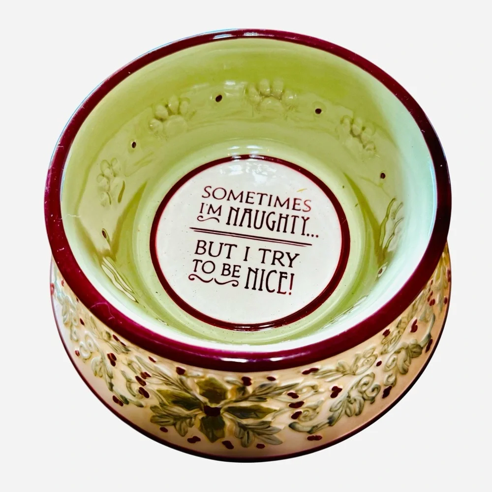 Grasslands Road Ceramic Christmas Large Dog Dish Burgundy & Green Naughty & Nice